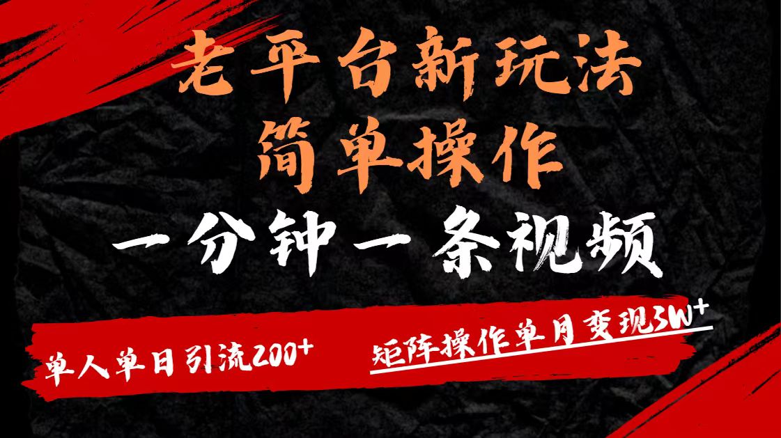 老平台，新玩法，简单操作，一分钟一条视频，单人单人引流200+矩阵操作，单月变现3W搞钱吧-网创项目资源站-副业项目-创业项目-搞钱项目搞钱吧