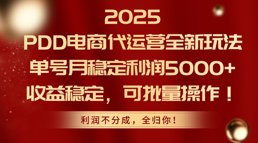 2025 PDD电商代运营全新玩法，单号月稳定利润5000+，收益稳定，可批量操作！搞钱吧-网创项目资源站-副业项目-创业项目-搞钱项目搞钱吧