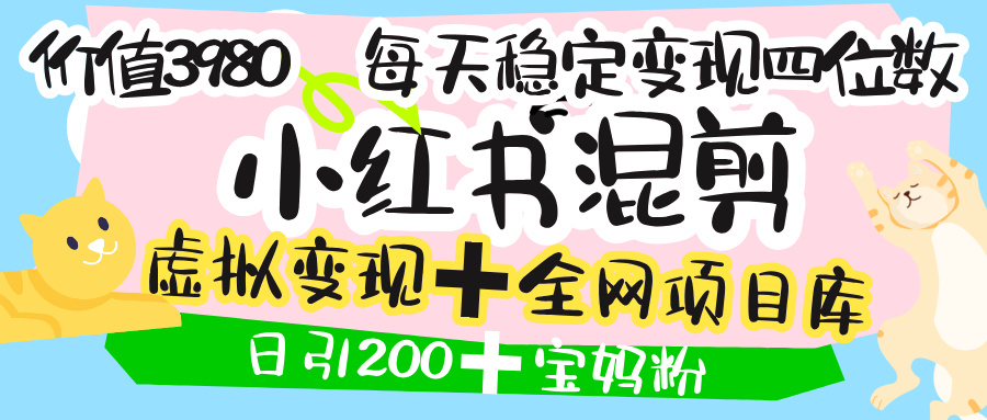 价值3980的小红书混剪, 虚拟变现 +全网项目库 , 日引200+宝妈创业粉,每天稳定四位数变现搞钱吧-网创项目资源站-副业项目-创业项目-搞钱项目搞钱吧