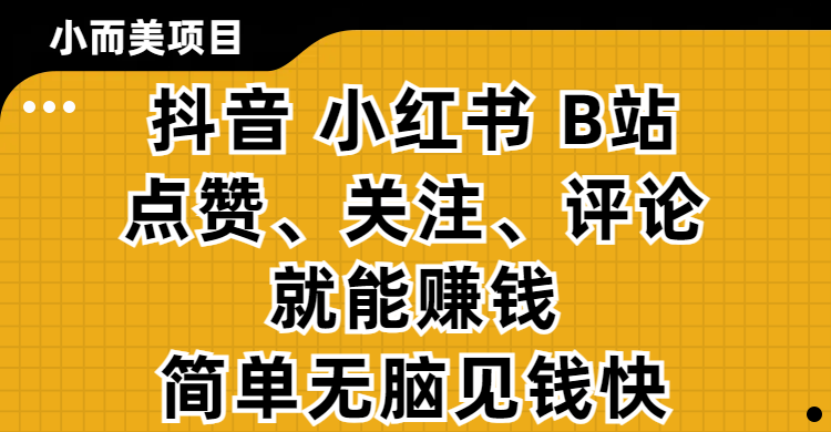 小而美的项目，抖音、小红书、B站视频点赞、关注、评论就能赚钱，简单无脑立见收益！妥妥的零撸项目搞钱吧-网创项目资源站-副业项目-创业项目-搞钱项目搞钱吧